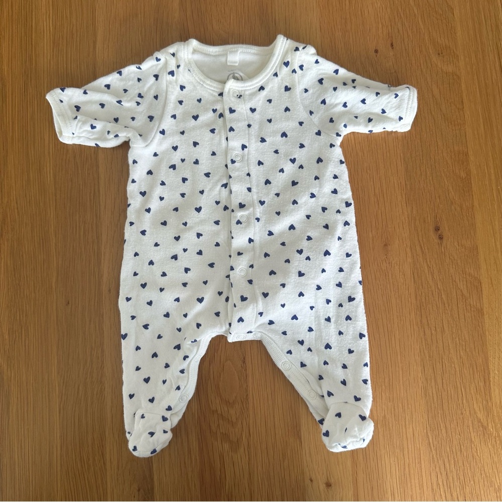 Petit Bateau White and Blue Heart Footie Pajama